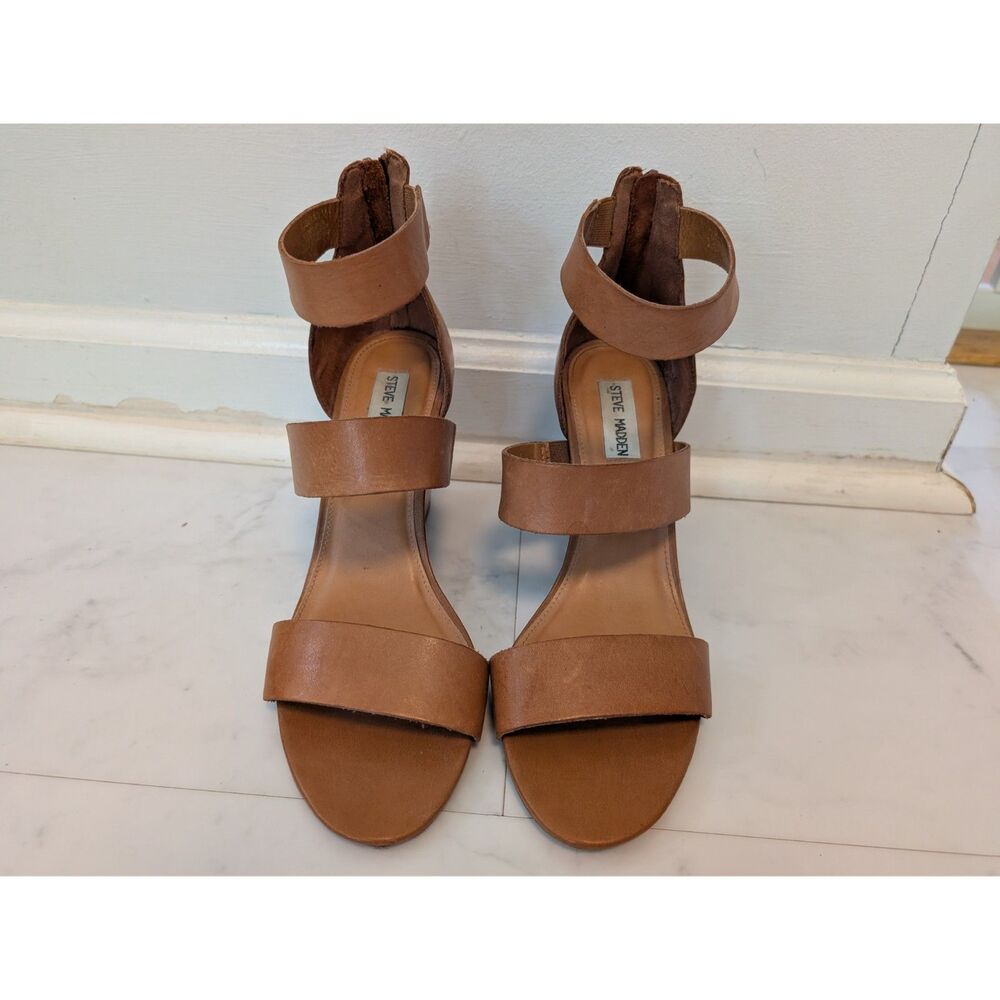 Steve Madden Cognac Strappy Leather Wedge Sandals - Size 9.5 - Picture 3 of 6